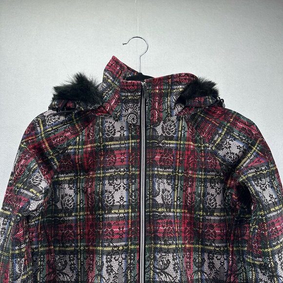 Body Glove Jacket Women S Plaid Faux Fur Trim Fleece Lined Hoodie Waterproof Red - Picture 14 of 14